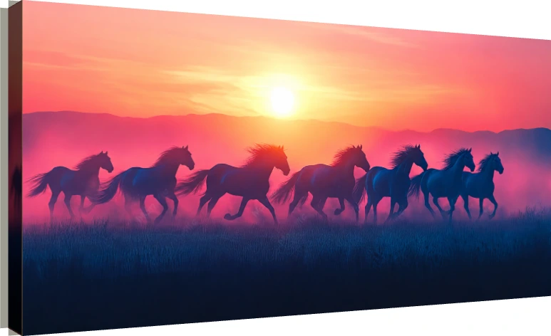 Silhouette of seven majestic horses running across a grassy field under a vibrant pink and orange sunset. | PrintPosters.in